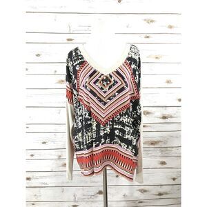 CAbi‎ Silk Scarf Aztec Print Oversize Long Sleeve V-Neck  Size M Top #768